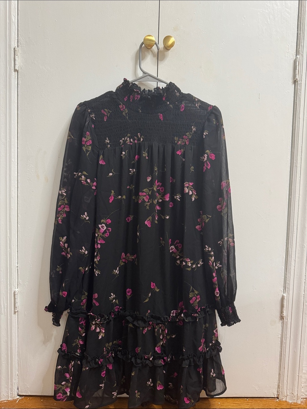 Black Floral Smocked High-Neck Long Sleeve Dress
